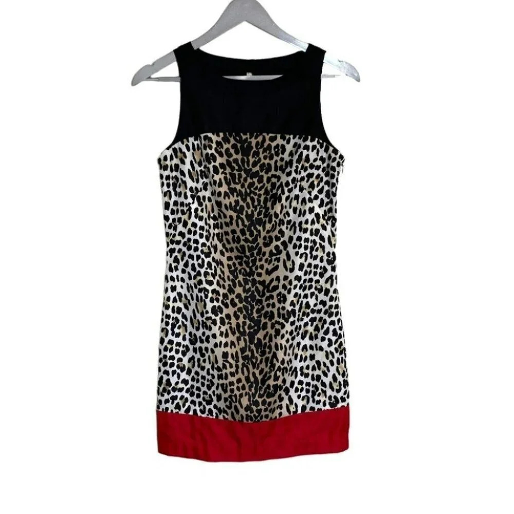 White House Black Market Leopard Print Dress 0 Black Tan Red Colorblock Sheath